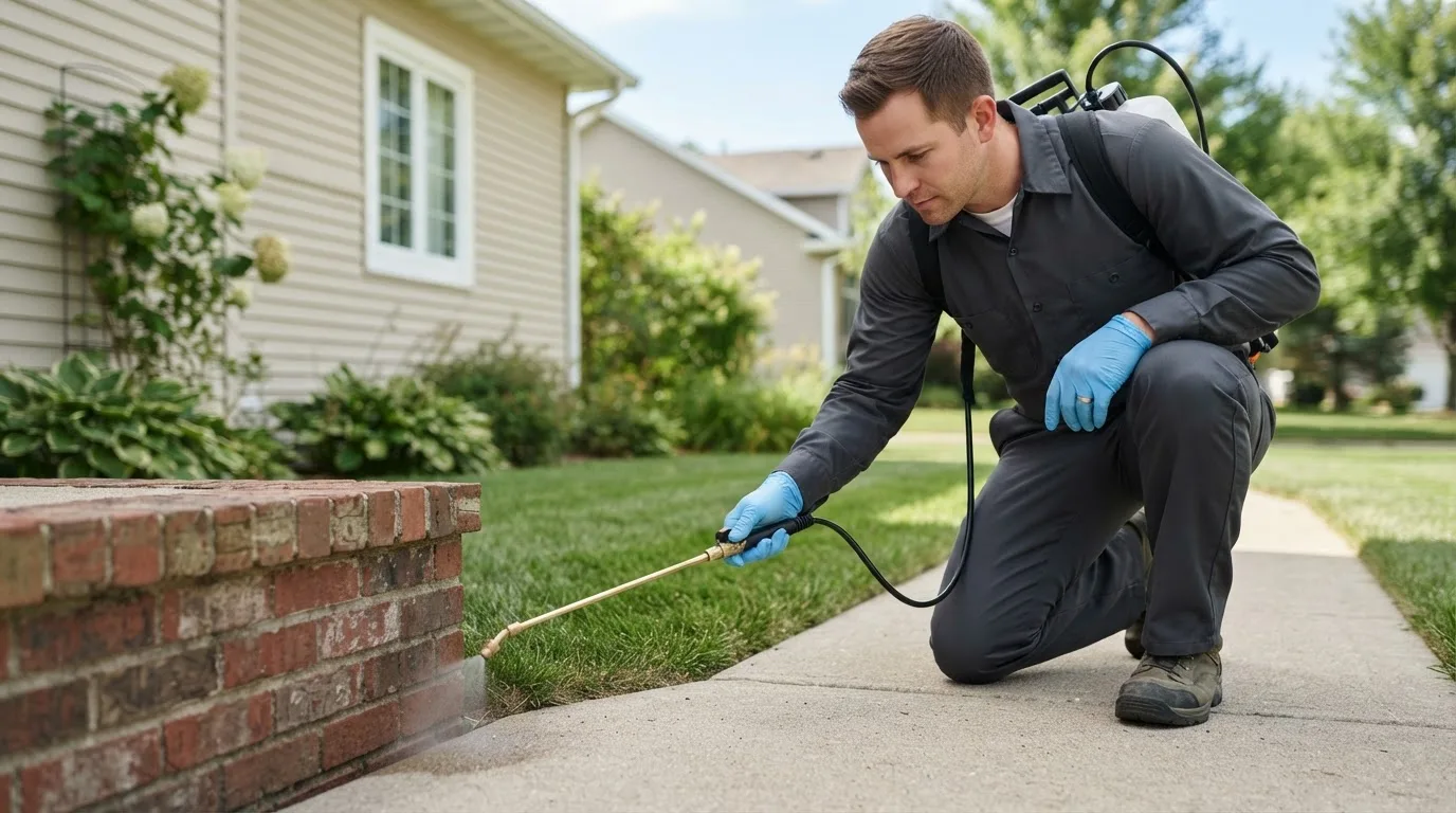 Pest control technician treating a home near Buckland, MA